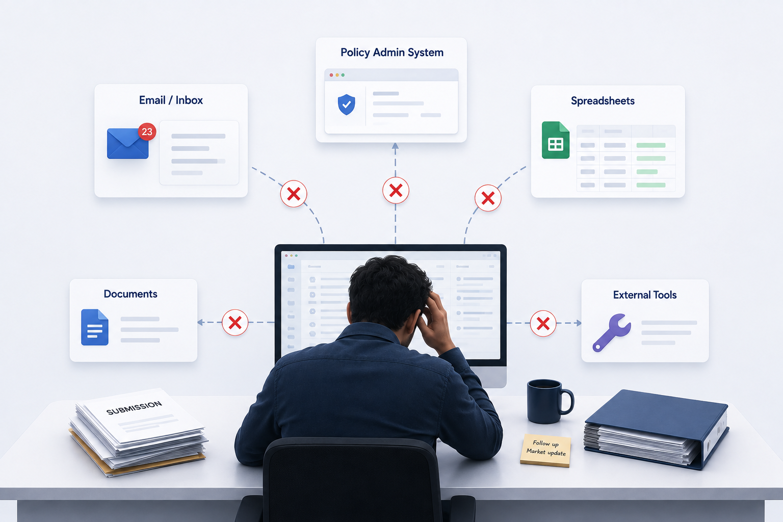 Disconnected systems: email, policy admin, spreadsheets, documents, and external tools failing to connect around the underwriter