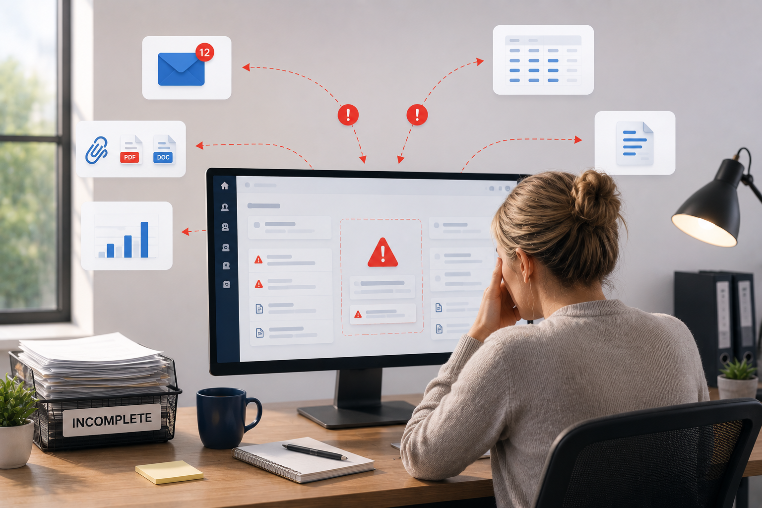 Producer at a desk overwhelmed by scattered submission documents, emails, and alerts indicating missing information