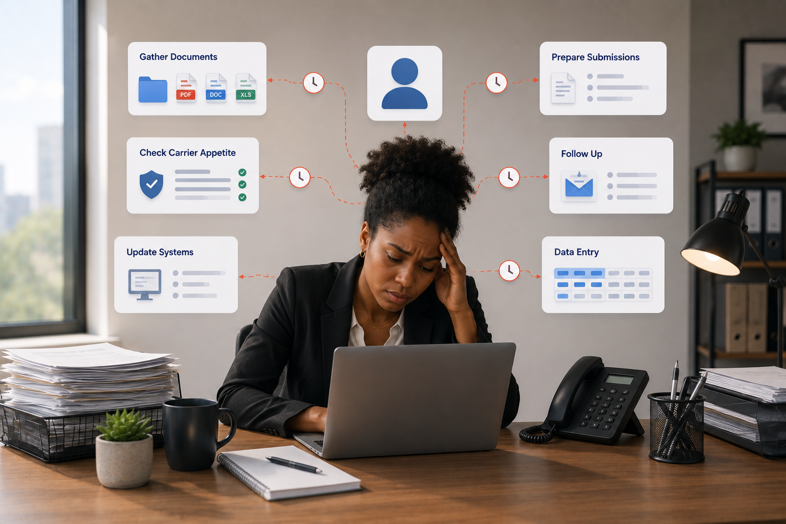 Producer overwhelmed by administrative tasks: gathering documents, checking carrier appetite, updating systems, preparing submissions, following up, and data entry