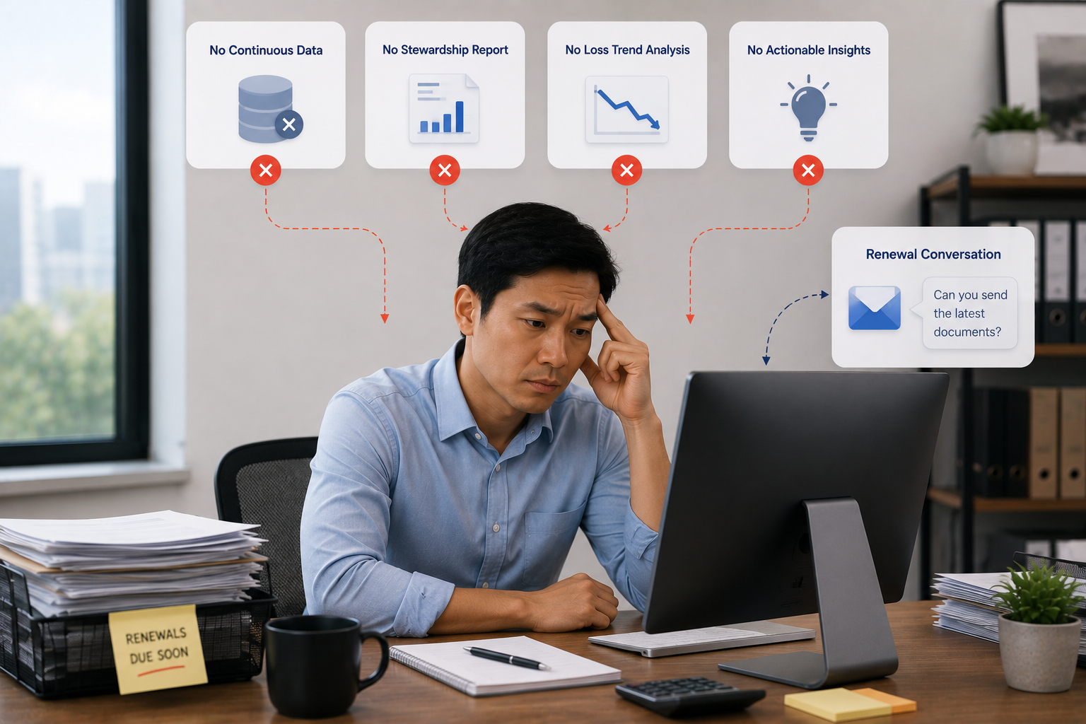 Renewal underwriter at a desk with a Renewals Due Soon sticky note. Four missing data sources float above — no continuous data, no stewardship report, no loss trend analysis, no actionable insights — while a renewal conversation begins with a request for documents