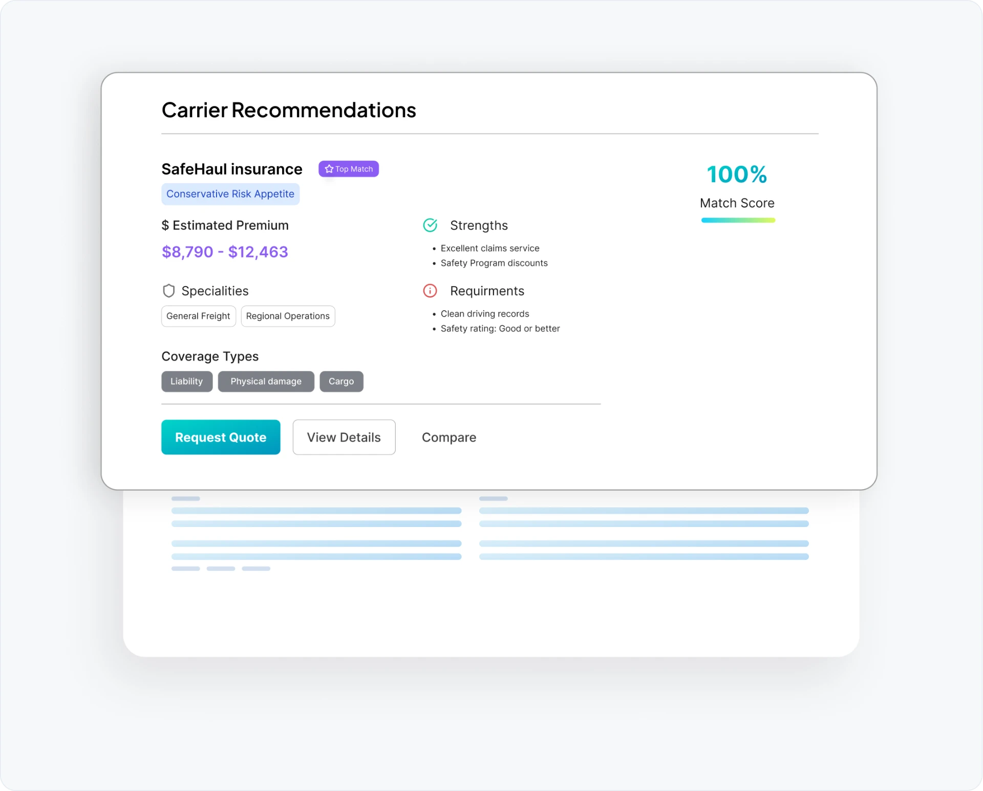Carrier recommendations with match score